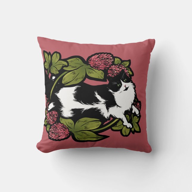Coussin Clover Tuxedo Chat Floral Chats (Recto)