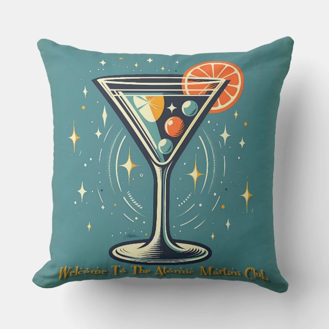 Coussin Club de Martini Atomique Cocktail Rétro Futuriste (Recto)