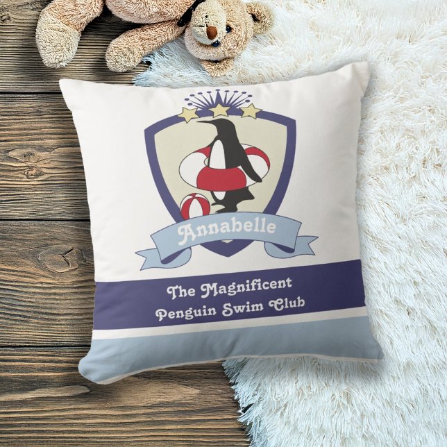Coussin Club de natation personnalisé Crest Cute Penguin E (Créateur téléchargé)