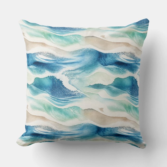 Coussin Coastal Ocean Waves Watercolor Pillow  (Recto)