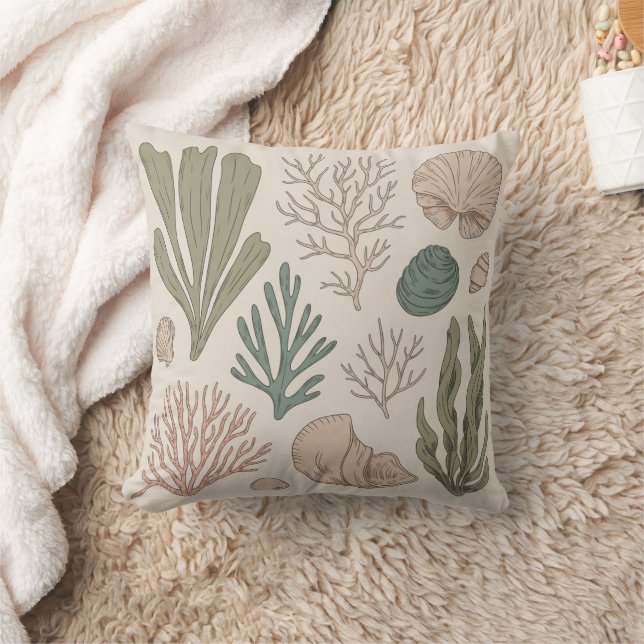 Coussin Coastal Wildlife & Seaweed Botanical Art | Vintage (Couverture)