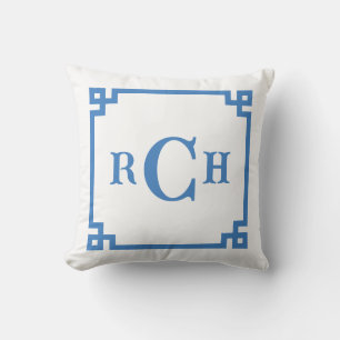 Coussin Cobalt Blue Chinoiserie Grec Key Monogramme