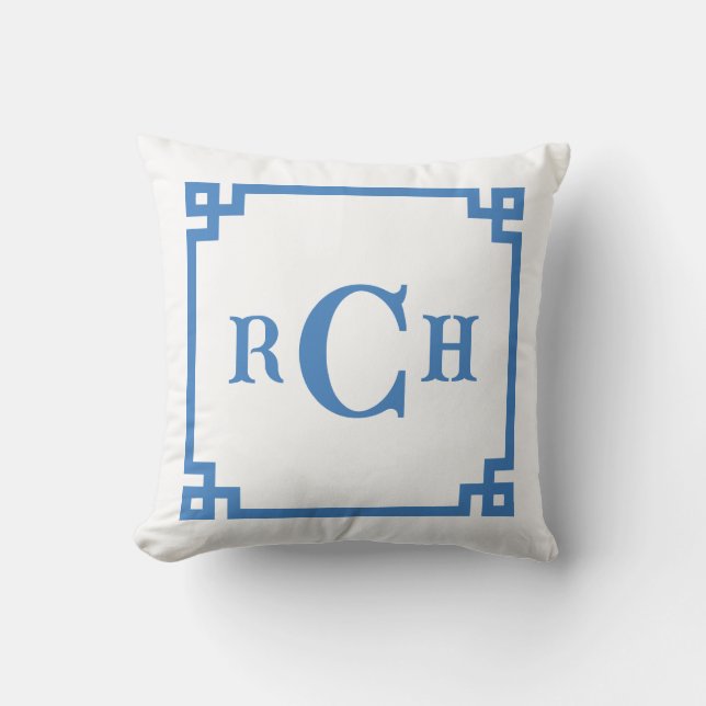 Coussin Cobalt Blue Chinoiserie Grec Key Monogramme (Recto)