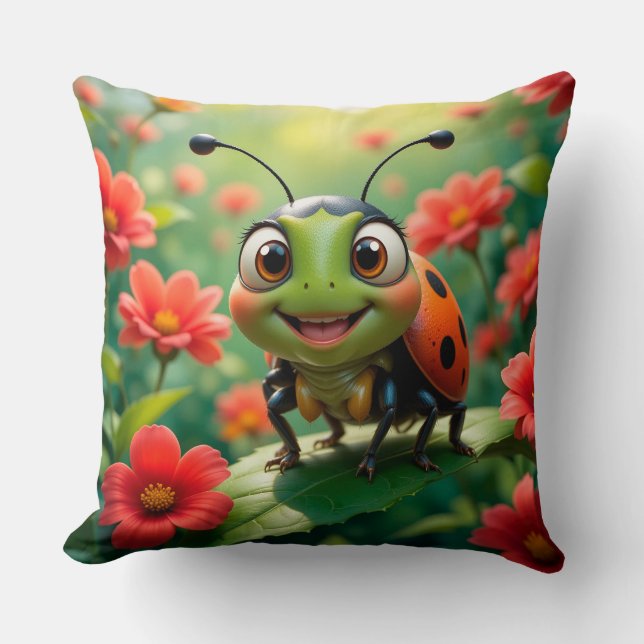 Coussin Coccinelle de dessin animé adorable sur une feuill (Recto)