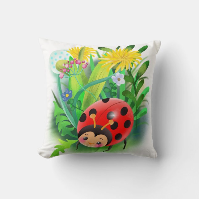 Coussin coccinelle posée sur des feuilles sur un fond de f (Recto)