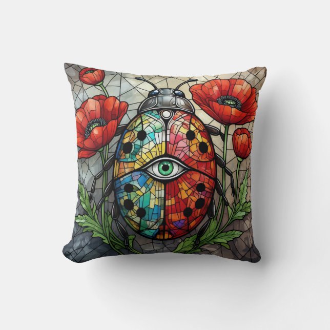 Coussin Coccinelle vitrail fleur de pavot vibrant insecte  (Recto)