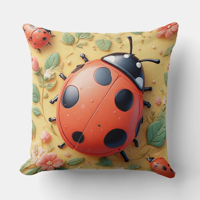 Coussin Coccinelles Rouge Éclatant au Repos (Recto)