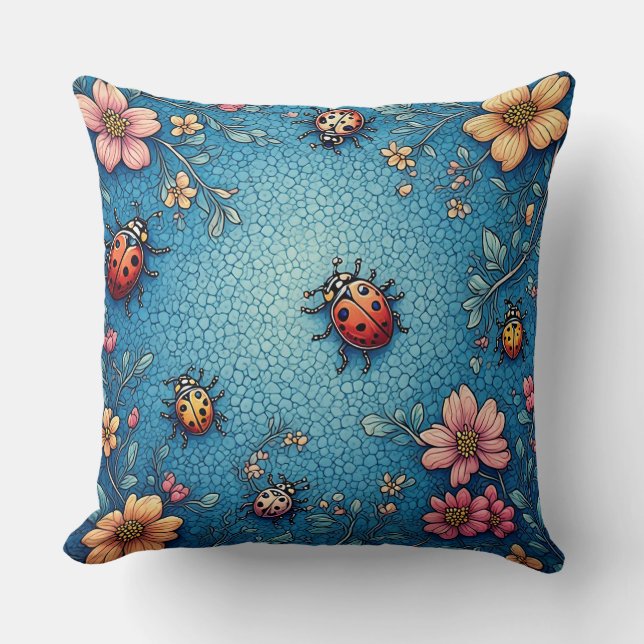 Coussin Coccinelles Vibrantes et Motif de Fleurs (Recto)