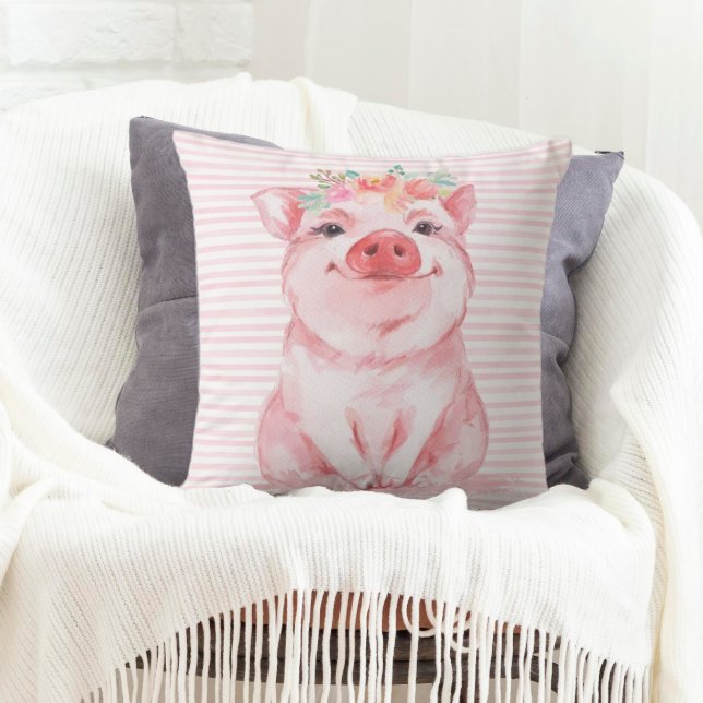 Coussin Cochon à l'aquarelle adorable (A throw pillow decorated with an adorable watercolor pig.)