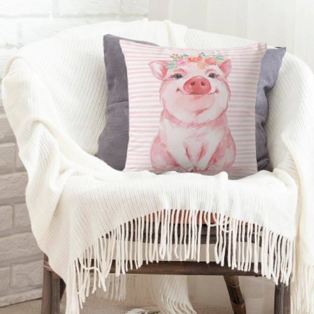 Coussin Cochon à l'aquarelle adorable (A throw pillow decorated with an adorable watercolor pig.)