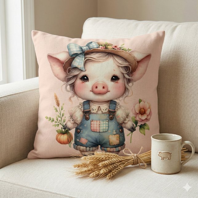 Coussin Cochon Farmcore Mignon en Salopette avec des Fleur (Cute Farmcore Pig in Overalls with Flowers Throw Pillow Mockup A)