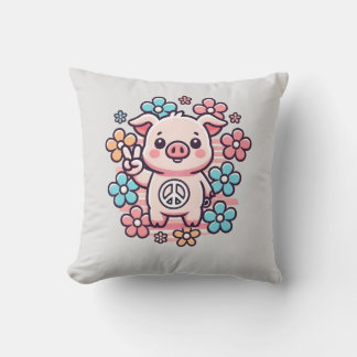 Coussin Cochon mignon avec la paix Signal & Fleurs à thème