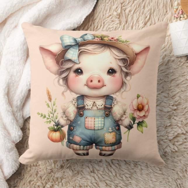 Coussin Cochon mignon de style Farmcore en salopette avec  (Couverture)