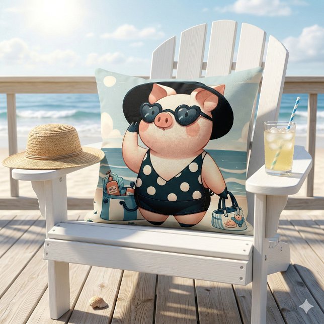 Coussin Cochon mignon en maillot de bain à pois à la plage (Cute Pig in Polka Dot Swimsuit at the Beach Throw Pillow Mockup A)