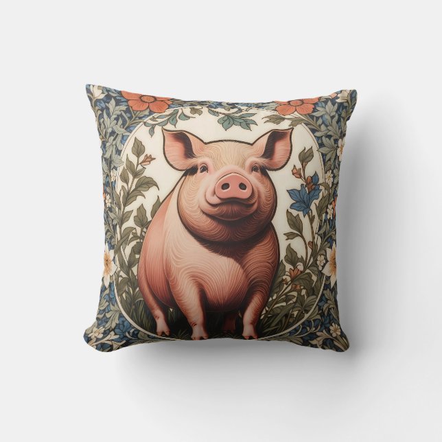 Coussin Cochon mignon inspiré de William Morris (Recto)