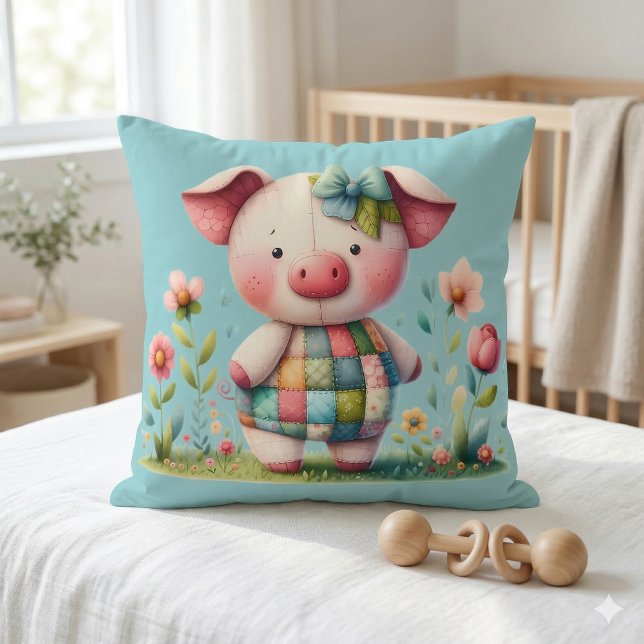 Coussin Cochon Patchwork Fantaisiste dans un Jardin Floral (Whimsical Patchwork Pig in Floral Garden Throw Pillow Mockup A)