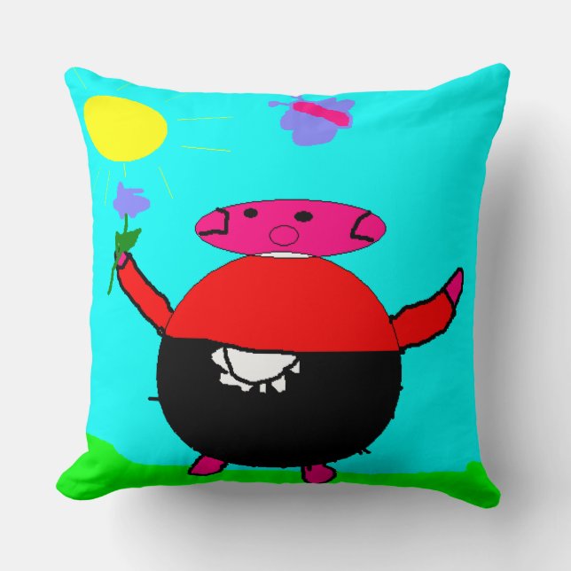 Coussin Cochon rose mignon avec fleur de soleil & papillon (Recto)