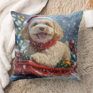 Coussin Cockapoo Dog in Sledge Let it Neige Christmas