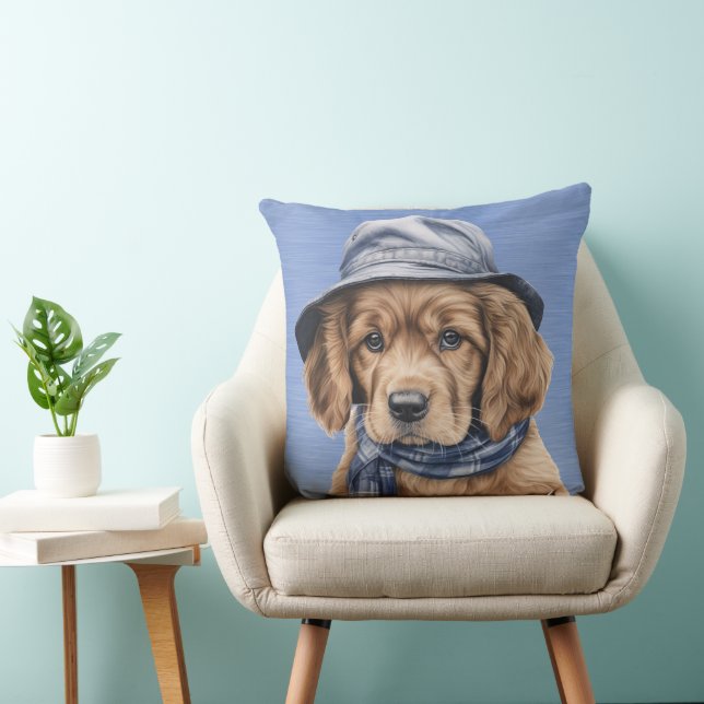 COUSSIN COCKER ADORABLE SPANIEL PUPPER AVEC CASQUETTE BLEU (Chaise)