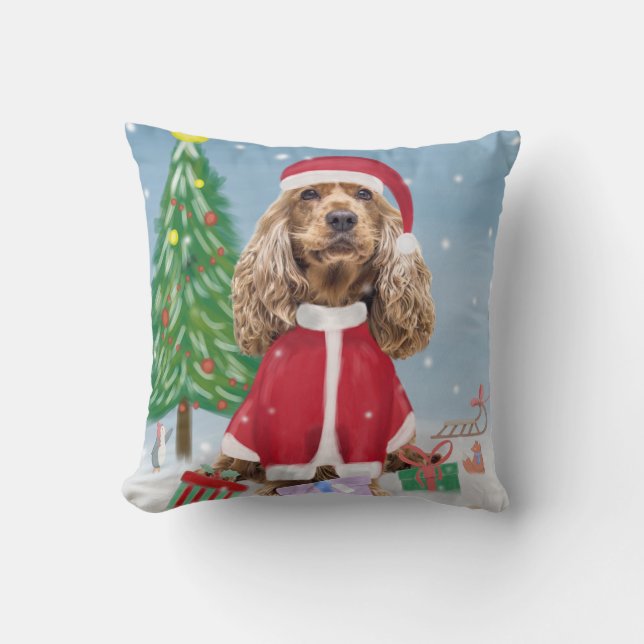 Coussin Cocker Spaniel Chien en neige avec cadeaux de Noël (Recto)