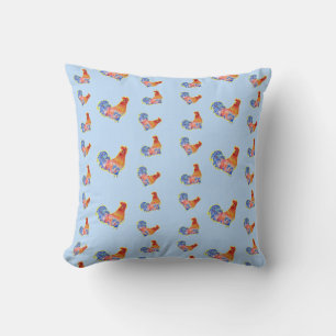 Coussin Cockerel Rooster Rouge Funny Bleu et Zones Blanche