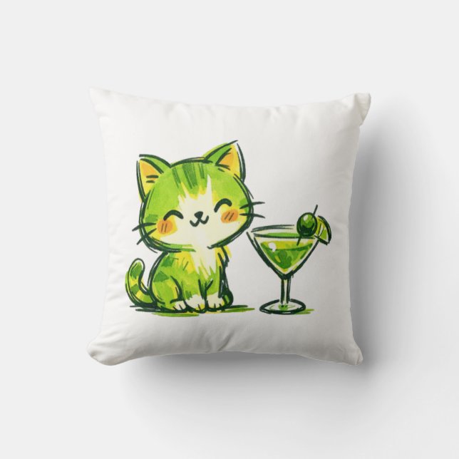 Coussin Cocktails verts et chats (Recto)