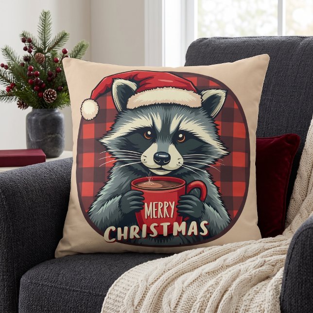 Coussin Cocoa Cheer de Raton de Noël (Christmas Raccoon Cocoa Cheer Throw Pillow)