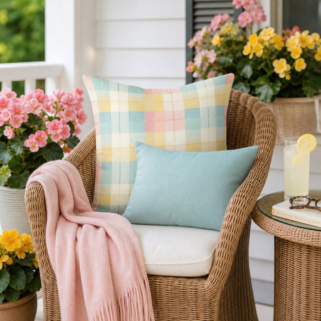 Coussin Cocoon Plaid Aqua Rose Jaune  (Créateur téléchargé)