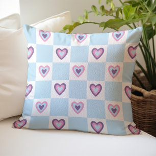 Coussin Cœur bleu clair à carreaux de style rétro