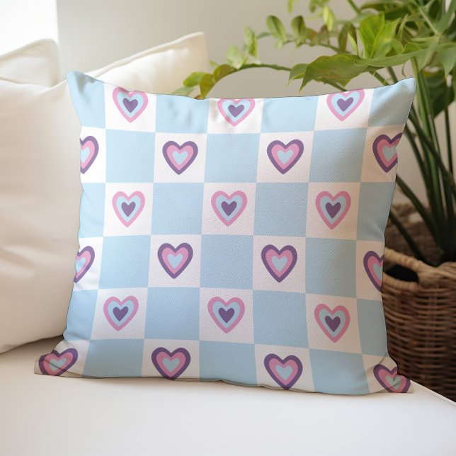Coussin Cœur bleu clair à carreaux de style rétro (Créateur téléchargé)