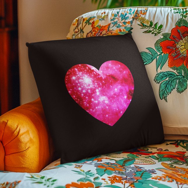 Coussin Coeur céleste noir et rose chaud (Black and Hot Pink Celestial Heart Throw Pillow)