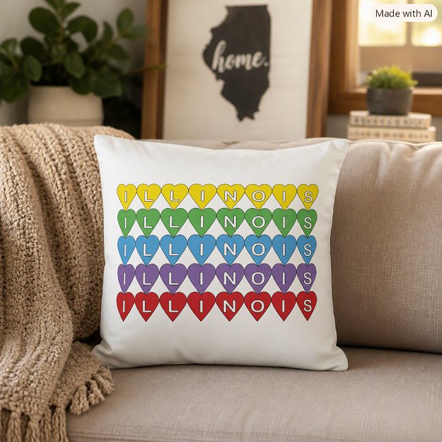 Coussin Coeur Coloré Amour Illinois (A throw pillow with the word Illinois in yellow, green, blue, purple & red hearts.)