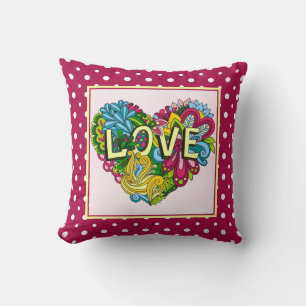 Coussin Coeur d'AMOUR floral mignon, sur pois rose et blan