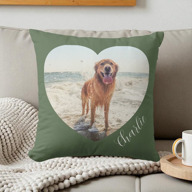 Coussin Cœur de compagnie vert Photo Script Chien personna (Green Pet Heart Photo Script Cute Personalized Dog Throw Pillow)