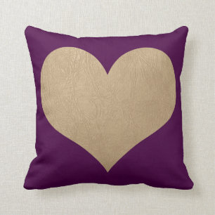 Coussin coeur de cuir de prune et d'or de faux