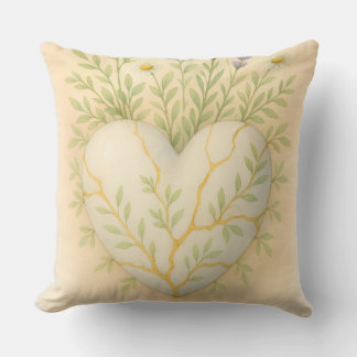 Coussin Cœur de fleur sauvage en aquarelle Kintsugi