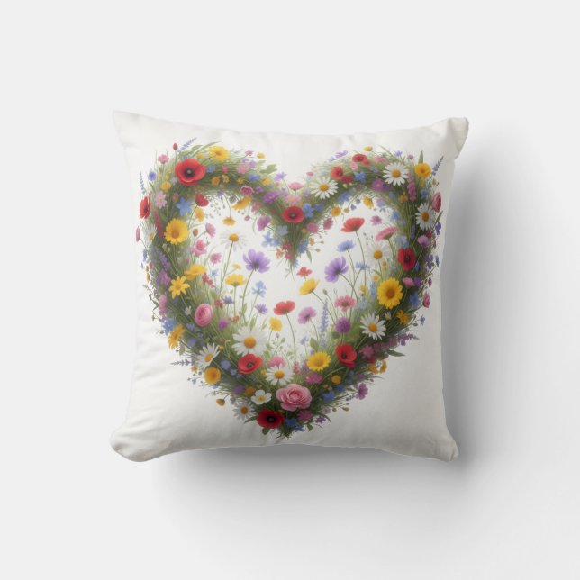 Coussin Cœur de fleurs sauvages colorées - (Recto)
