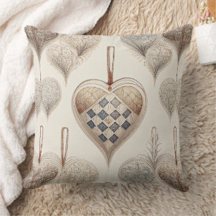 Coussin Cœur de Noël en filigrane taupe bleu vintage