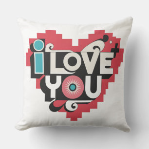 Coussin Cœur de pixel Je t'aime Rétro Typographie