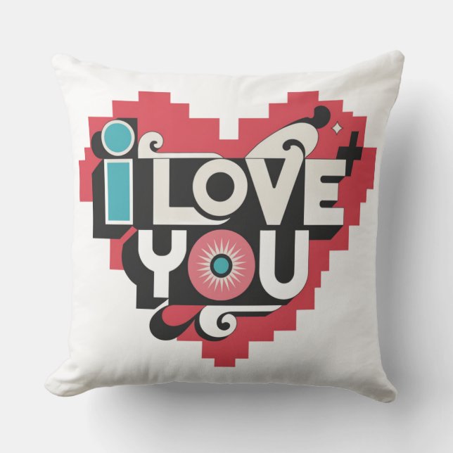 Coussin Cœur de pixel Je t'aime Rétro Typographie (Recto)