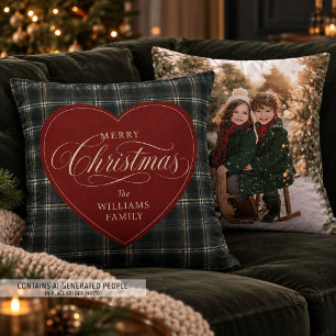 Coussin Cœur de plaid tartan marine Photo de famille