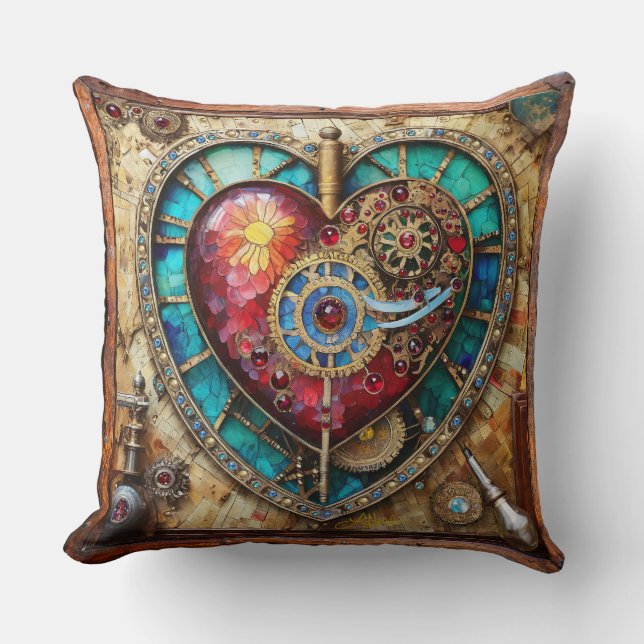 Coussin Cœur de vitrail tournesol Série Steampunk (Recto)