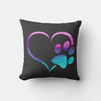 Coussin Cœur d'empreinte de patte de chien cyan violet