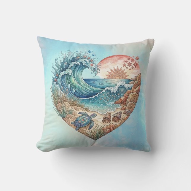 Coussin Cœur d'Océan Vague Côtière Tortue de Mer Plage Cou (Recto)