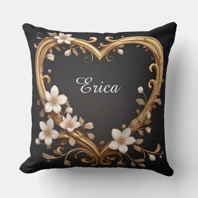 Coussin 💛 Cœur doré orné Élégant Romantique Mariage (Recto)