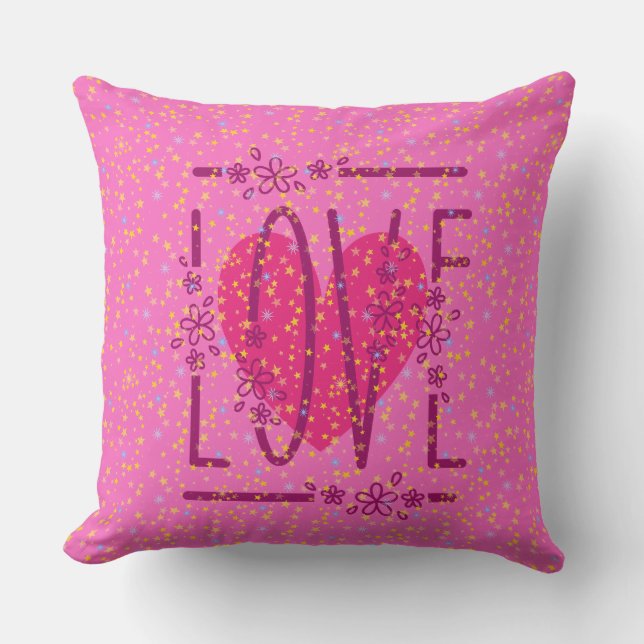 Coussin Cœur & Étoiles Floral Amour Texte Rose & Féminin (Recto)