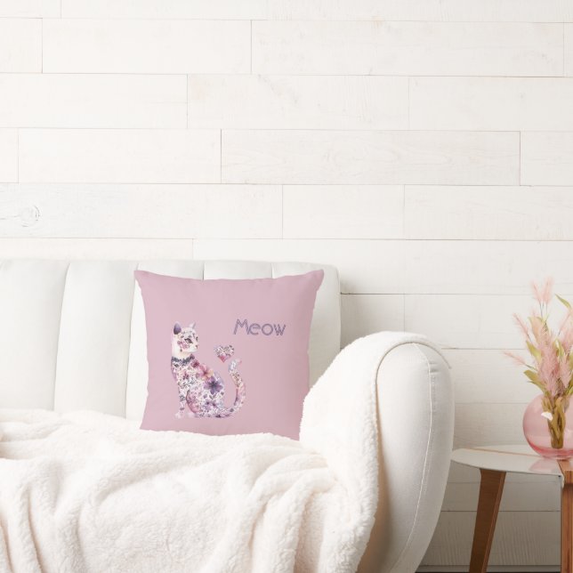 Coussin Cœur Floral Fête Chat Blanc Rose Violet (Canapé)