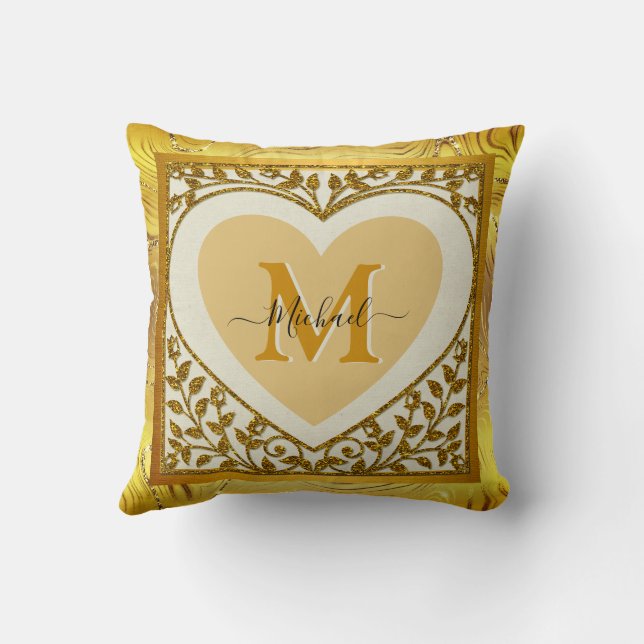 Coussin Cœur initial et nom pailleté or élégant (Verso)