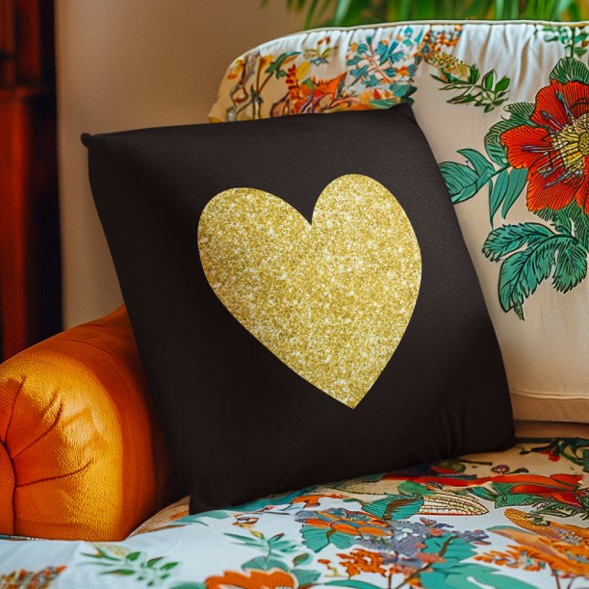 Coussin Coeur photo Parties scintillant noir et or (Black and Gold Glitter Photo Heart Throw Pillow)