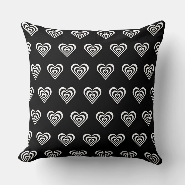Coussin Cœur rayé noir et blanc sur fond noir (Recto)